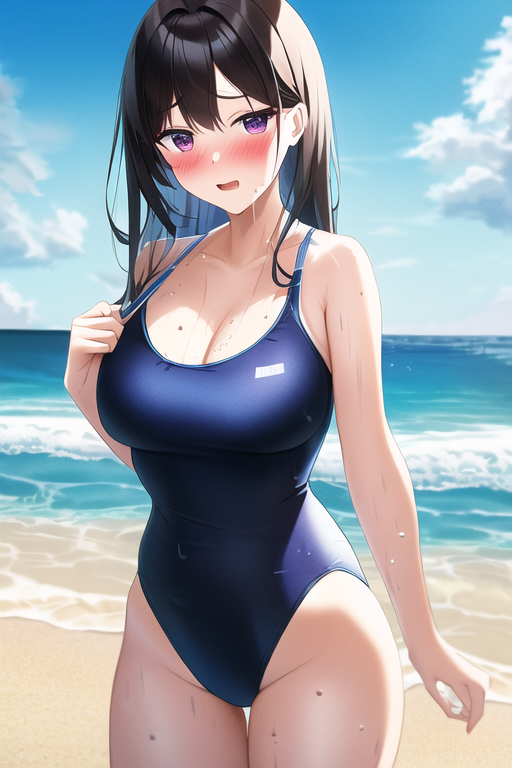 ビーチにいるスクール水着画像
